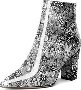 Женские ботильоны AUMOTED с высокой шнуровкой, массивным каблуком, заостренным носком, мехом, короткой моделью на молнии, классические ботинки на каблуке 3,4 дюйма, Patent Flower White