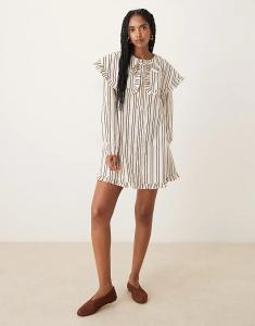 Платье-рубашка мини с широким воротником в полоску Neon Rose оливкового и коричневого цветов