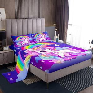 Erosebridal Комплект постельного белья для девочек с радужными единорогами, мультяшными принцессами и галактическим принтом в фиолетово-синих тонах, Multi 05
