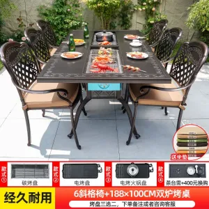 Комплект садовой мебели Green Water: 6 стульев с решетчатым узором, стол с двойным грилем, 188х100 см, черный