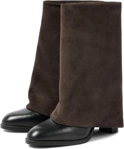 Kapxumo Женские кожаные ботинки с отворотом, средняя голень, широкий голень, круглый носок, массивный каблук, ботильоны, на молнии, модные повседневные короткие ботинки, коричневые