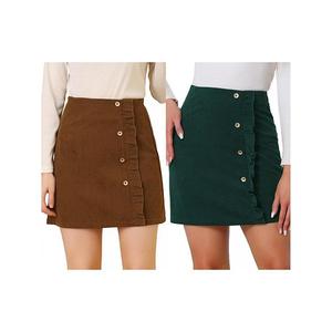 2 упаковки женской кордюровой мини-юбки а-силуэта с высокой талией и пуговицами Allegra K, Brown Dark Green