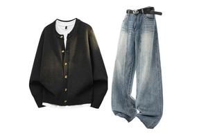 Повседневная спортивная одежда Unisex с лацканом Lapel Moderate X1617, черный top+синий pants