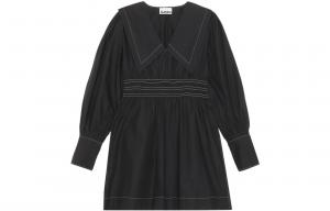Ganni Женское платье с длинными рукавами, черное, с отворотом, средней длины