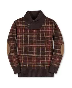 Детский свитер с длинными рукавами, интарсией, воротником-шалью и налокотниками из органического хлопка - для малышей и детей постарше. Hope & Henry, коричневый