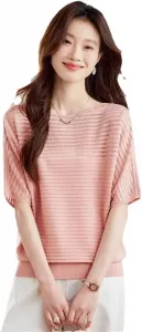 Женская летняя футболка из ледяного шелка с о-шейком и рукавом летучая мышь