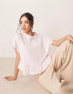 Футболка свободного кроя с короткими рукавами и баской из льняного материала ASOS DESIGN розового цвета