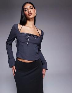 Топ с расклешенными рукавами, халтер-воротником и бантом в сером цвете Princess Polly