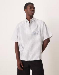 Рубашка свободного кроя из сирсакера в бежевую полоску с вышивкой Asos Design