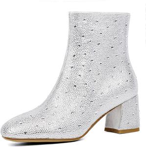 Женские ботильоны SHEMEE с блестками и пайетками, массивный каблук, квадратный носок, блестящие ботинки до щиколотки, средний каблук, обувь для свадьбы и вечеринки, Silver Rhinestone