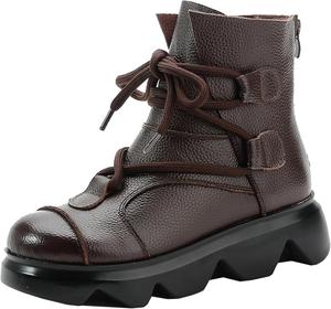 Женские ботильоны на платформе из натуральной кожи с шнуровкой, ретро с круглым носком, с задней молнией, на танкетке, военные ботинки, для повседневного, делового и офисного стиля FAGLKAK, Brown