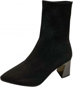 Generic Женские черные носочные ботильоны, трикотажные, облегающие, средней длины, с массивным каблуком, заостренным носком, сексуальные модные туфли