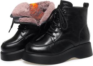 Женские кожаные зимние ботинки на платформе с шнуровкой, утепленные мехом, с боковой молнией, водоотталкивающие, с нескользящей подошвой для прогулок на улице и снега QIJOZXN, Black