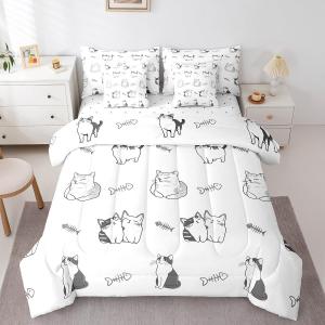 Erosebridal Комплект постельного белья Cartoon Cats с рисунком котят, включает пододеяльник, простыню и наволочки, Black & White