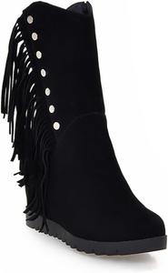 Женские ковбойские сапоги Ulalaza с бахромой, скрытой танкеткой, скуфита на щиколотке, с кисточками, стразы, блестящая ткань, нубук, кожа, удобные, на поддевку, для улицы, свадьбы и вечеринки, S14-Black