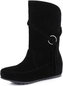 Женские замшевые ботильоны VOKLIN с кисточками, закругленным носком, на низкой танкетке, с незаметным каблуком, короткие с бахромой, Black