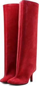 Женские замшевые сапоги до колена для женщин с широкой голенью, квадратным носком, высоким каблуком-стилето, длинные сапоги на высоком каблуке VOZTOLLS, Red