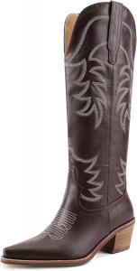 Женские ковбойские сапоги до колена, вестерн-стиль, заостренный носок, широкий каблук, ретро-вираж, вышивка с цветочным узором, сапоги на шнуровке с высокими голенищами VOZTOLLS, Dark Brown B