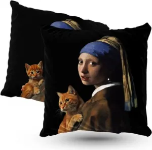 Подушка велюровая ПРЕМИУМ 40 х 40 см, девочка с жемчужиной и рыжим котом, декоративная с наполнителем, для гостиной, спальни или в подарок, 5 шт. 5made