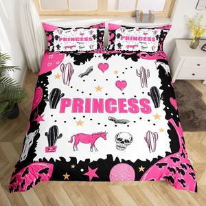 Erosebridal Комплект постельного белья в стиле Дикого Запада с розовыми и черными принтами лошадей, кактусов и черепов быков для девочек, Black Pink