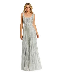 Женское платье А-силуэта с вырезом-лодочкой и полосатой вышивкой бисером Mac Duggal, Powder blue