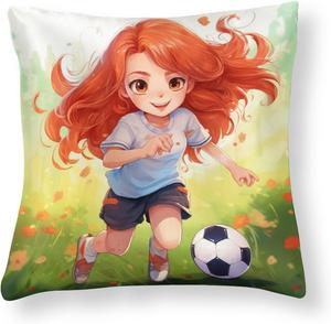 HighonHi Сатиновая декоративная наволочка с мультяшным рисунком рыжеволосой девочки, играющей в футбол Pattern-1