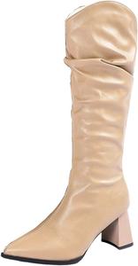 Женские свободные высокие сапоги из искусственной кожи до колена, модные женские мягкие и комфортные ботильоны с мягкой складкой и массивным каблуком, на облегченной подошве LZXBZAI, Khaki