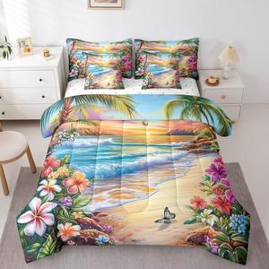 Erosebridal Комплект постельного белья Hawaii Fulll с тропическим цветочным принтом и морским пейзажем, Red Blue Yellow