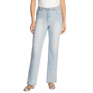 Женщина в женских эластичных джинсах больших размеров для миниатюрных и широких штанин Woman Within, цвет Light Wash Sanded