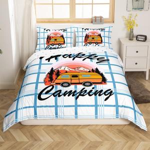 Erosebridal Комплект постельного белья Happy Camping с мультяшным принтом в клетку буффало синего цвета для детей и взрослых, White Blue Orange