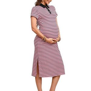 Платье миди с воротником и коротким рукавом в рубчик, с полоской, пуговицами и разрезом сбоку для беременных Clearflower, Pink