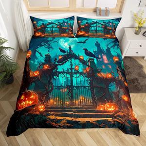 Erosebridal Комплект постельного белья Happy Halloween с принтом тыкв, фонарей, призраков и пауков в готическом стиле, Teal Orange
