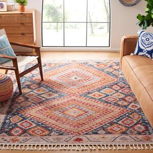 Ковер SAFAVIEH, 381 x 458 см, Farmhouse Collection Ivory / Navy FMH816A Moroccan Boho с кистями