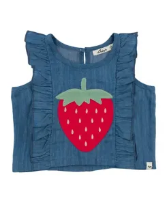 Детская джинсовая блузка Lola с аппликацией в виде клубники и оборками Millie из лиоцелла. Oh Baby!, синий