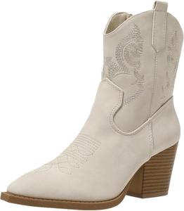 Вестерн ковбойские ботильоны для женщин, средние голени, короткие сапожки с вышивкой, округлый носок, массивный низкий каблук FOBOINED, White-11