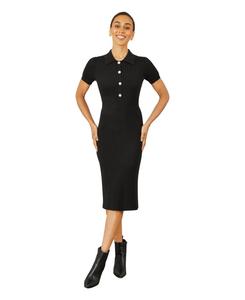 Женское приталенное трикотажное платье миди в рубчик Yumi, Black