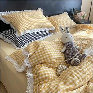 IBDRYKK Комплект постельного белья хлопковый в черно-белую клетку с винтажным кружевом