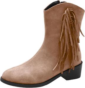 Женские замшевые ботильоны с бахромой, боковой замок, заостренный носок, плоская подошва, западные ковбойские ботинки с низким массивным каблуком, средняя голень Baxtayel, бежевый