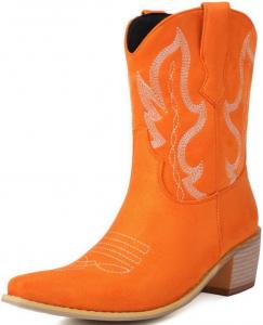 Ботинки DINTAHA из искусственной замши в стиле ковбойские с квадратным носком, вышитыми узорами, западным стилем, с массивным каблуком и длиной до щиколотки, Orange