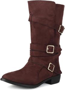 Женские замшевые зимние ботильоны с низким каблуком, заостренным носком и застежкой-молнией до середины голени YUHATRG, Brown