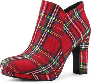 Женские ботильоны Allegra K с округлым носком и массивным каблуком, Rotes Karomuster