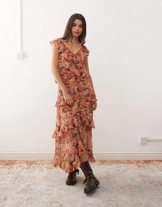 Платье миди Reclaimed Vintage с асимметричным подолом и оборками с размытым оранжевым цветочным принтом