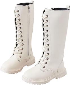 Готические ботинки для девочек, боевые ботинки для мальчиков и девочек с шнуровкой и боковой молнией, из PU кожи, панк-стиль, водонепроницаемые, до середины икры, для верховой езды, зимние, для малышей/маленьких детей/старших детей Generic, B-Beige