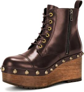 Женские ботильоны YDN с закрытым носком, украшенные заклепками, на платформе, с шнуровкой, танкетка средний каблук, боковая молния, на щиколотку, для прогулок и шопинга, размер 4-16 US, Brown