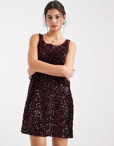 Платье-мини с разрезом по горловине, расшитое пайетками, бордового цвета