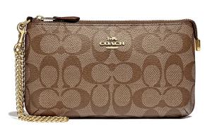Кошелек на запястье из холста с кожаными вставками Маджонг Сумка через плечо Кроссбоди Клатч Маленький размер Женский Коричневый Монограмм COACH