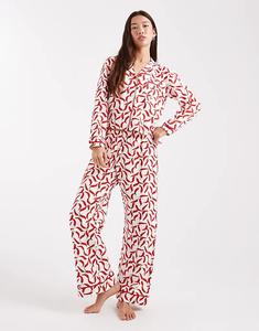 Пижамный комплект Wednesday's Girl с длинными рукавами, рубашкой и брюками в цвете «чили»