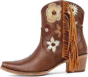 Pinokino Женские ковбойские ботинки с цветочной вышивкой и бахромой - короткие западные ботильоны с заостренным носком, массивный каблук 2,1 дюйма, ковбойские туфли для кантри-концертов, родео, осенних образов, коричневые