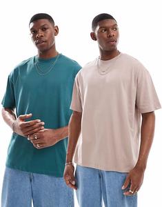 Набор из 2 футболок свободного кроя Essentials в каменном и зеленом цветах Asos Design