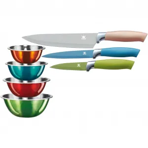 Нож универсальный KING "Металлик", (набор накопительный, 7 шт., 3х ножей, 4х миски 22см, 20см, 18см, 16см), 7 шт., 3 ножа, 4 миски из нержавеющей стали, цвет bunt